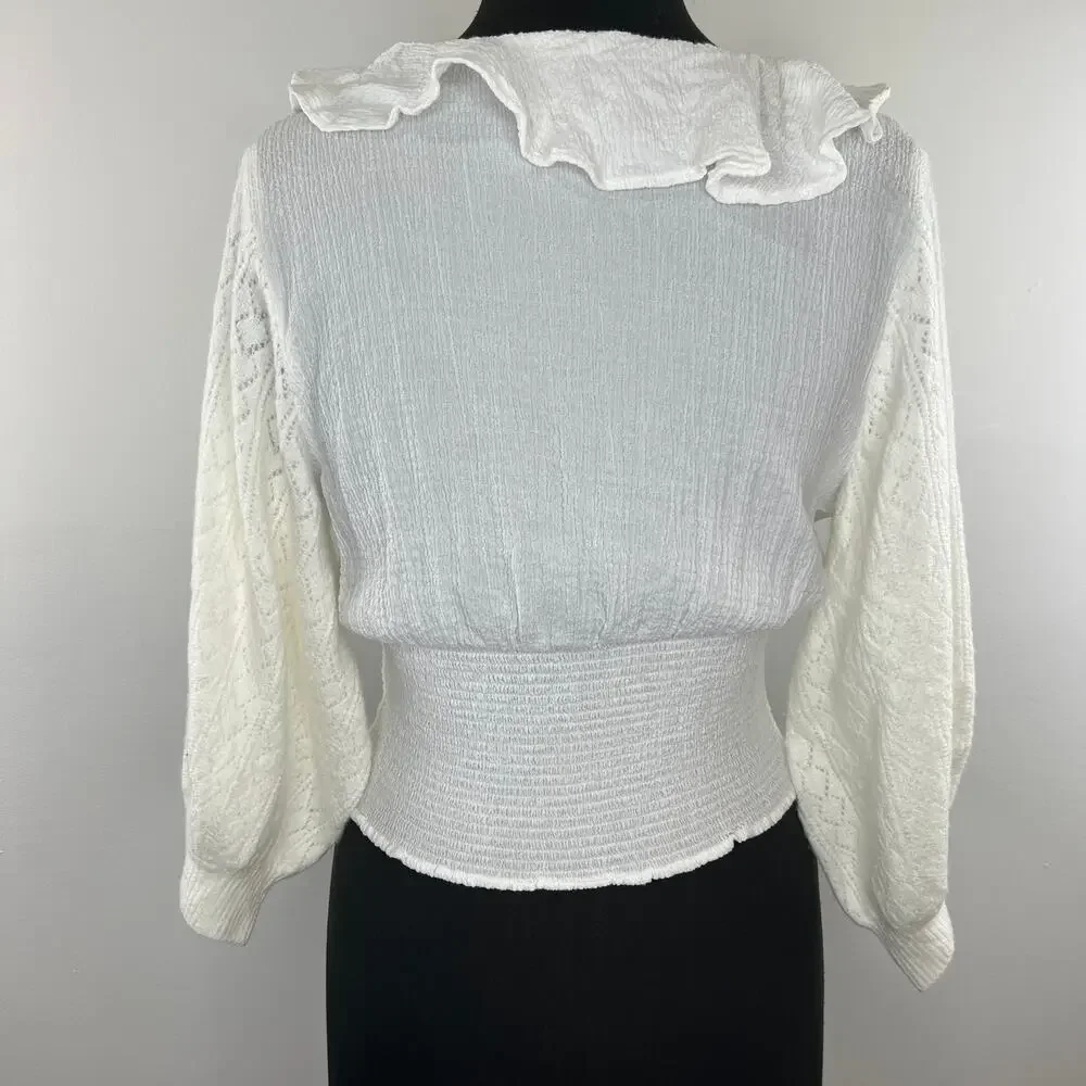 FREE PEOPLE Ivory Billie Cascade Ruffle 3/4 Puff Sleeve Smocked Sweater Top Sz S